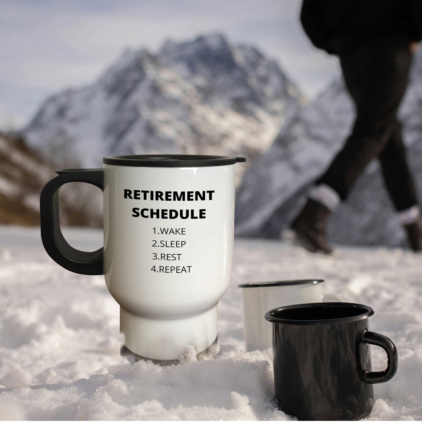 3dRose, retirement sched, wake,sleep,rest,repeat, Travel Mug
