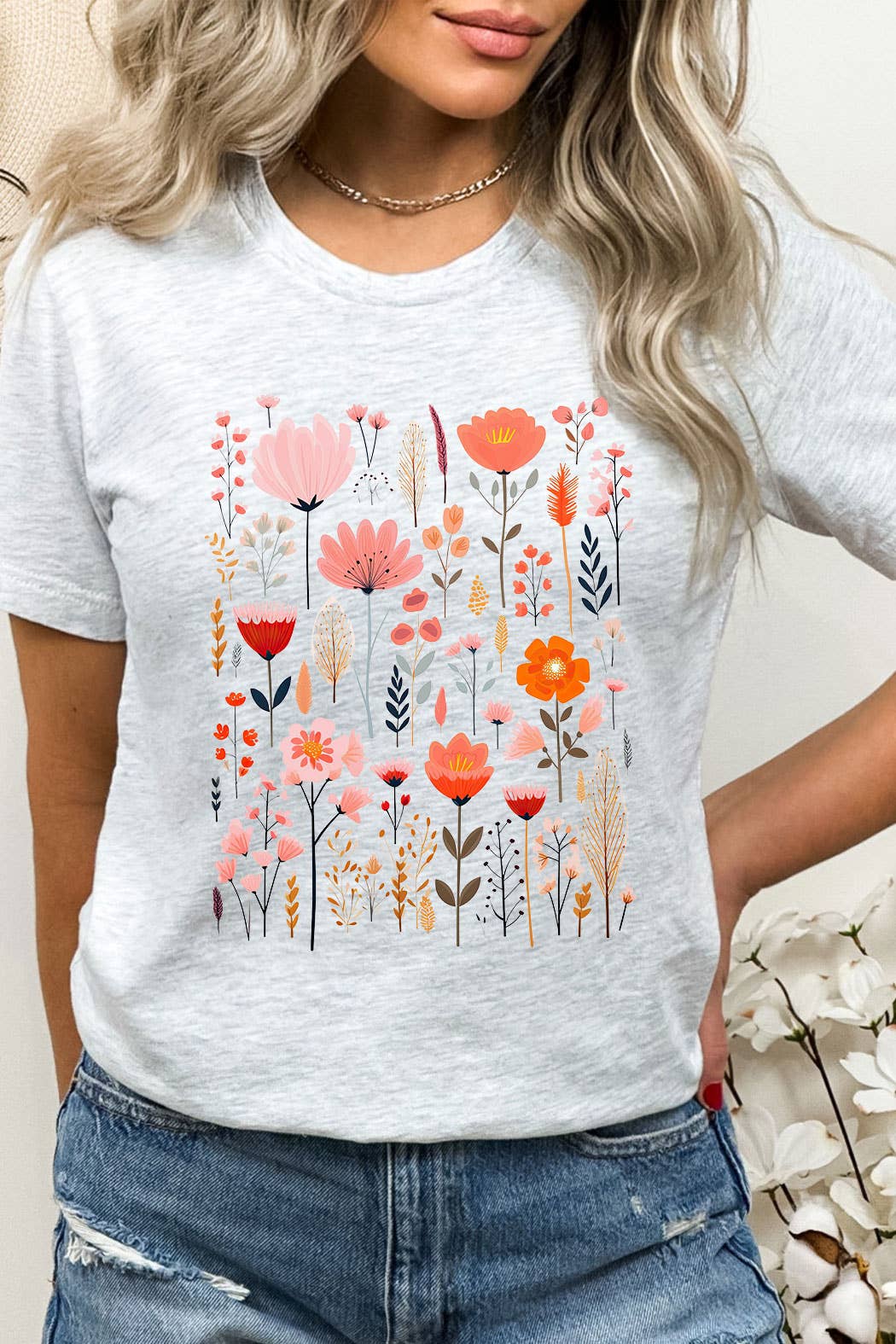Pink Wildflower Spring Florals Flowers Grid Graphic Tee