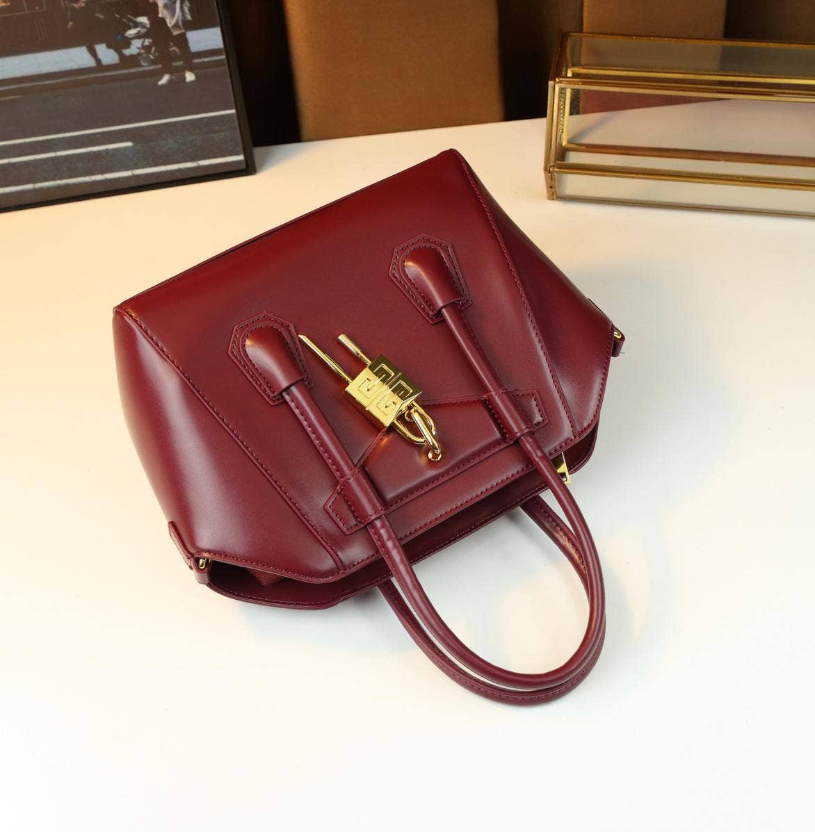 Lock Detail Cow Print Handbag Boston bag with 2 straps