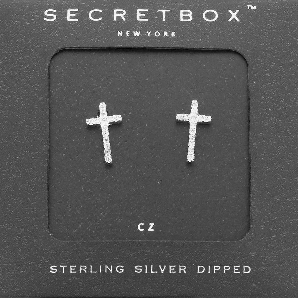 SECRET BOX_14K Gold Dipped CZ Cross Stud Earrings