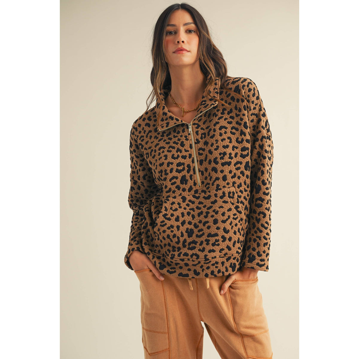 Leopard Loose Fit Zipper Pullover Top