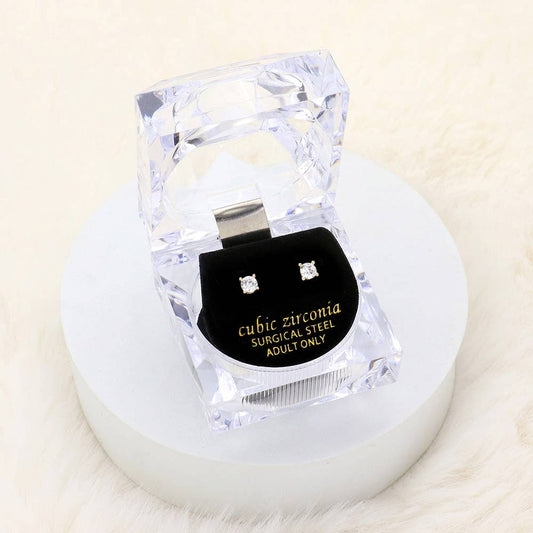 4mm Round Cut Crystal CZ Stud Earrings with Clear Box