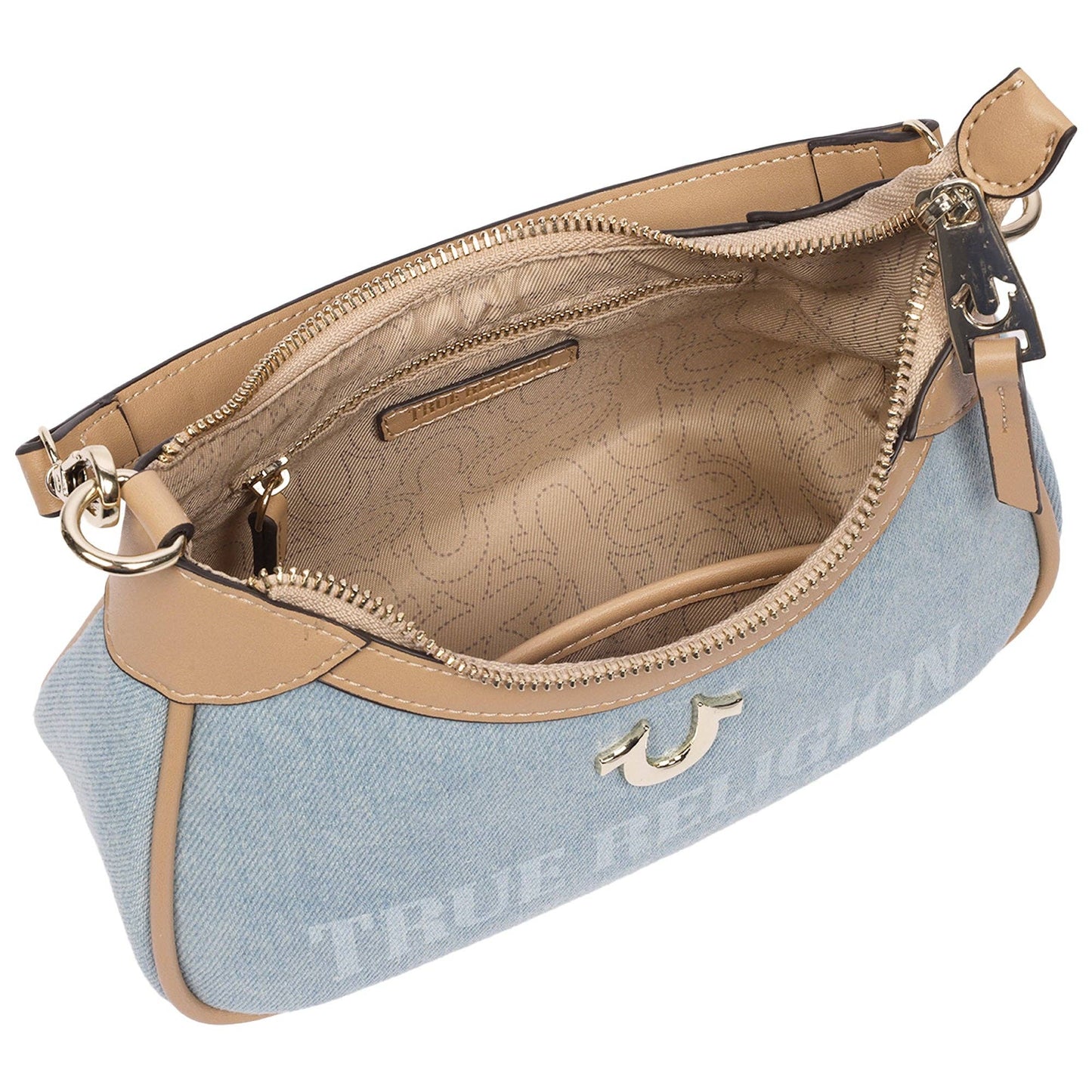 True Religion Blair Denim & PU Shoulder Bag – Logo Denim Mini Shoulder Bag with Detachable Strap (Denim)