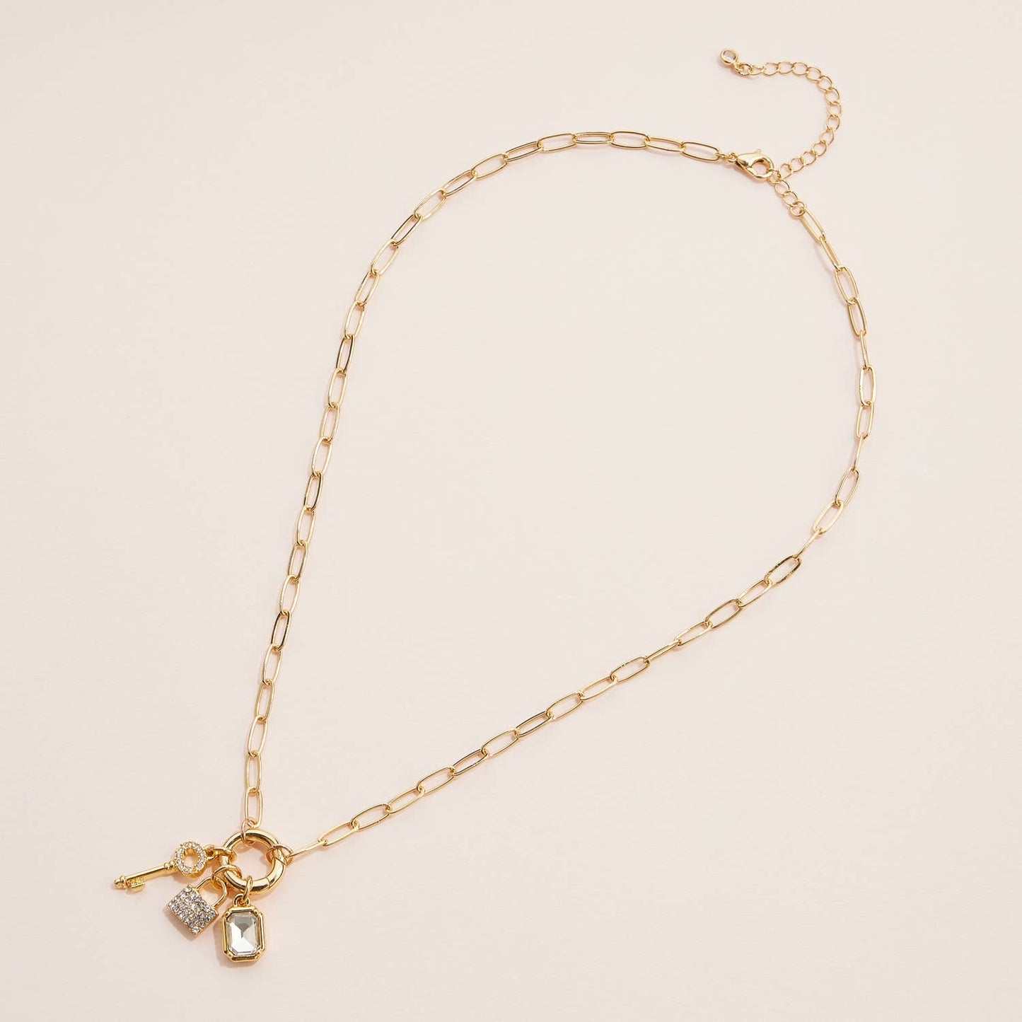 Gold Dipped Charm Necklace with Key and Gemstone Accents