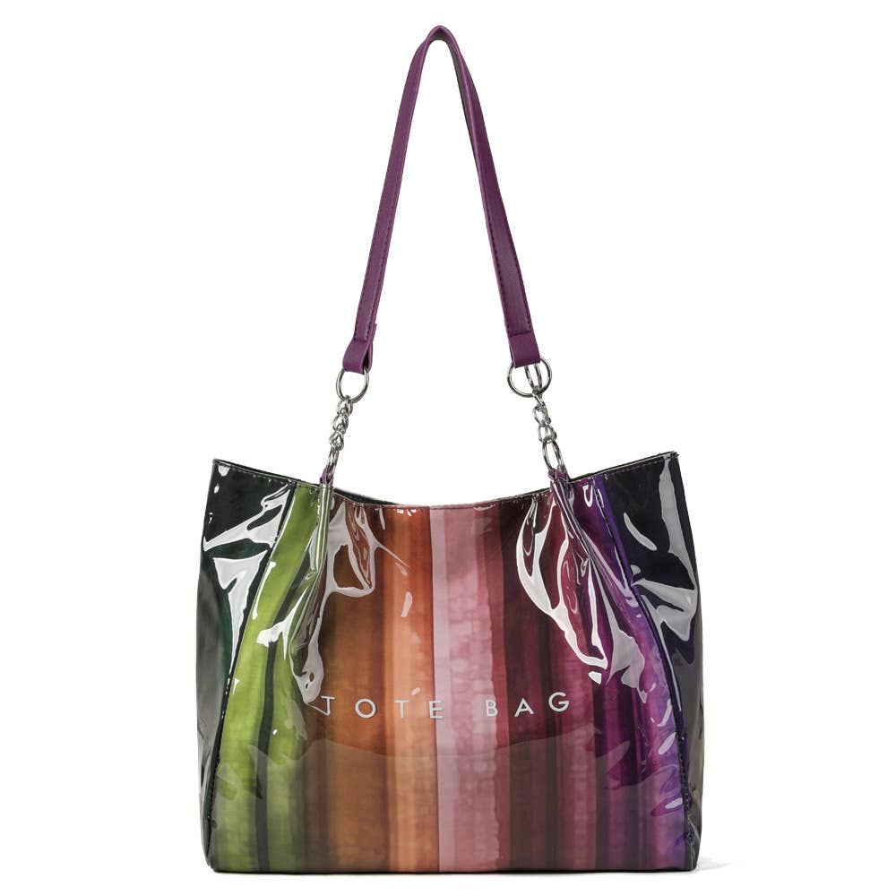 Gradient Striped PVC Tote Bag Letter Print Daily Commute Bag