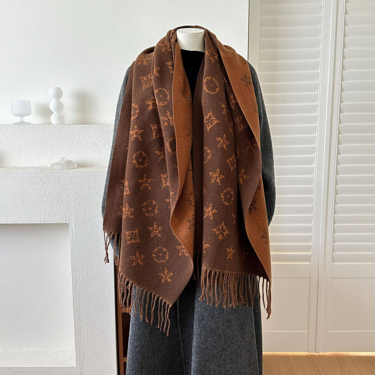 British-Style Geometric Reversible Jacquard Fringe Scarf