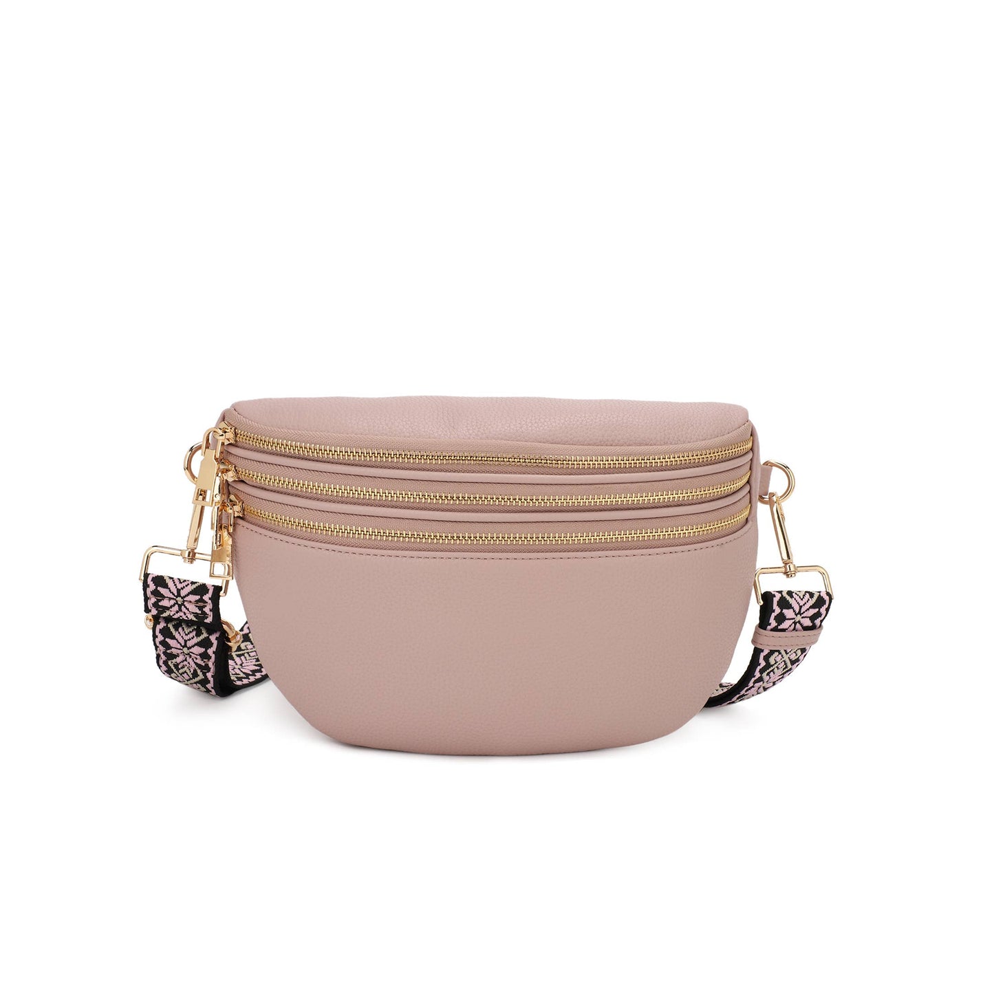 TINA TRIPLE ZIPPERED SLING BAG WITH PRINTED STRAP