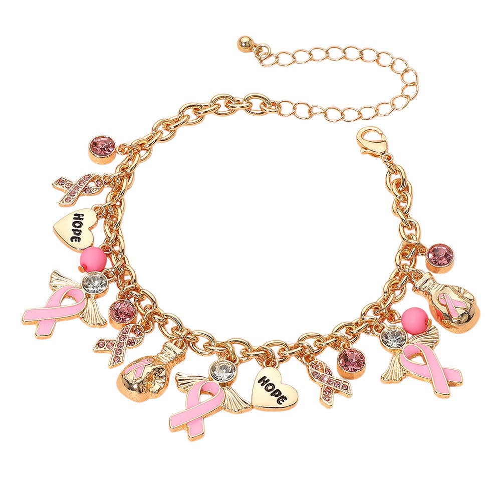 Awareness Pink Ribbon Inspirational Heart Message Charm Station Bracelet