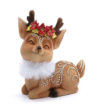 Smiling Reindeer Figurine with Poinsettia Crown # 53535