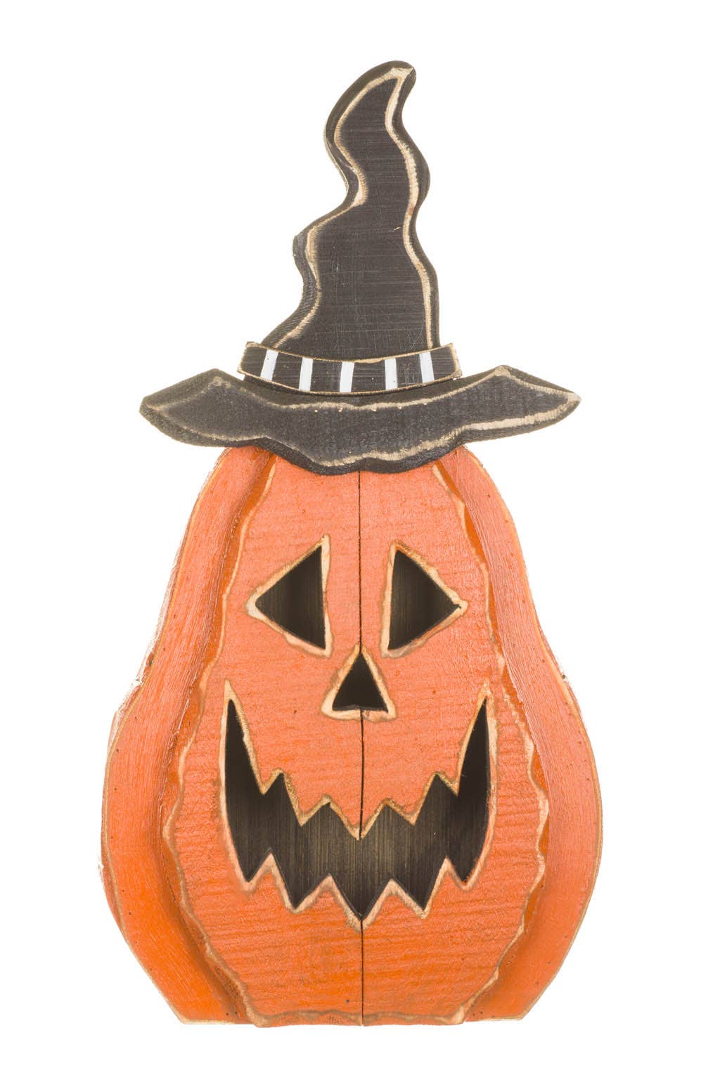 Orange Jack-O-Lantern Pumpkin Display With Witch Hat
