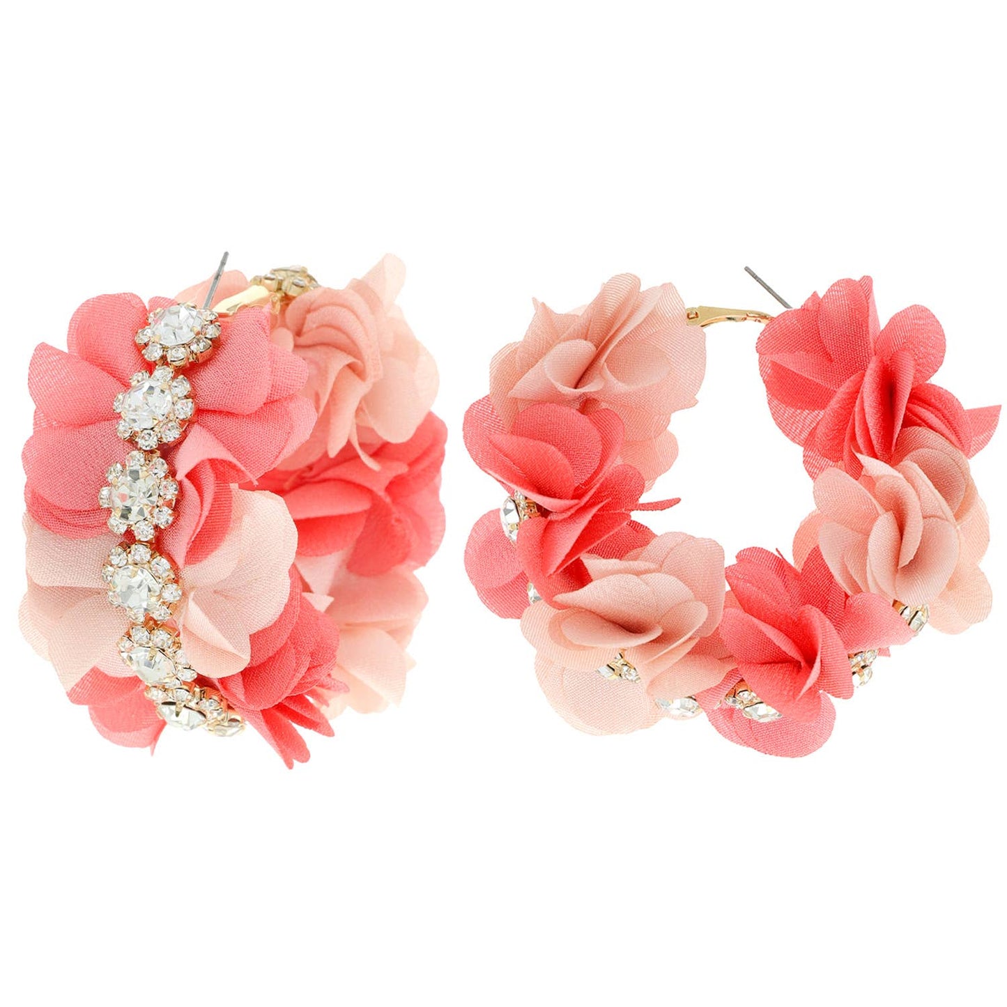 Boho Style Rhinestone & Fabric Flower Link Hoop Earrings