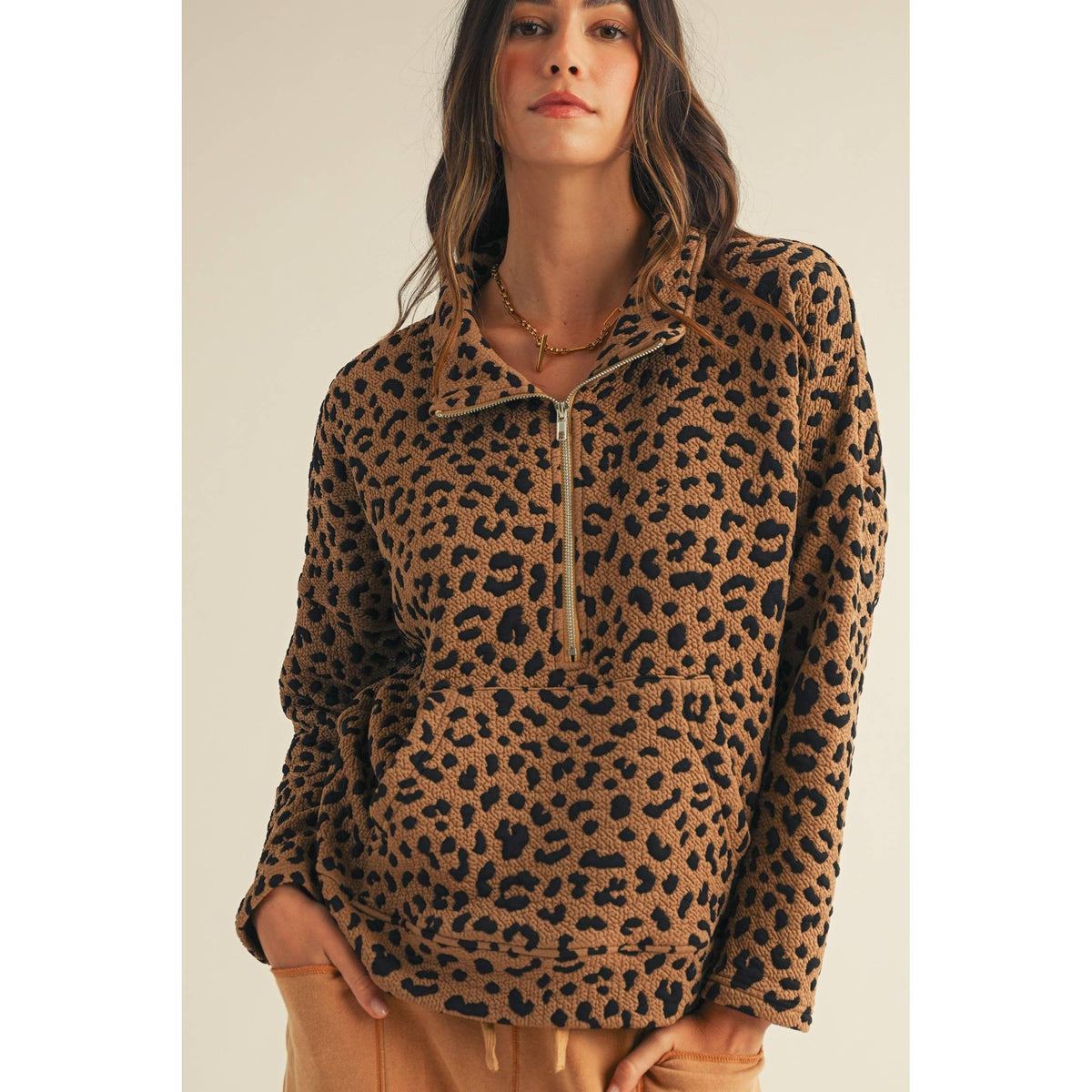 Leopard Loose Fit Zipper Pullover Top