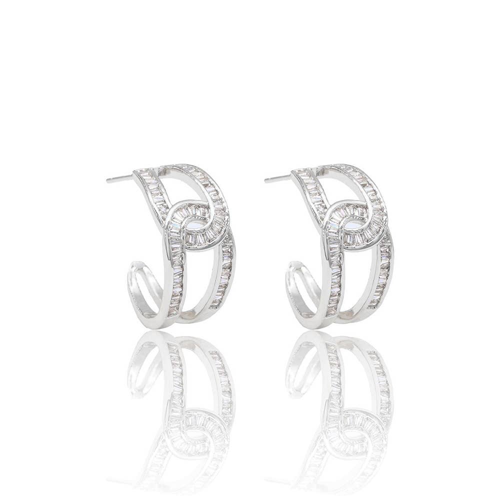 Gold Dipped CZ Baguette Stone Swirl Link Hoop Earrings