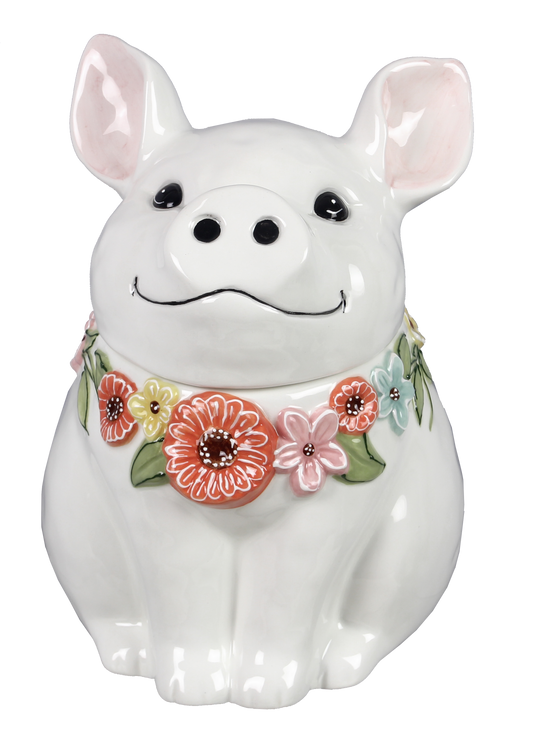 Ceramic Sitting Pig Cookie Jar With Flower Design