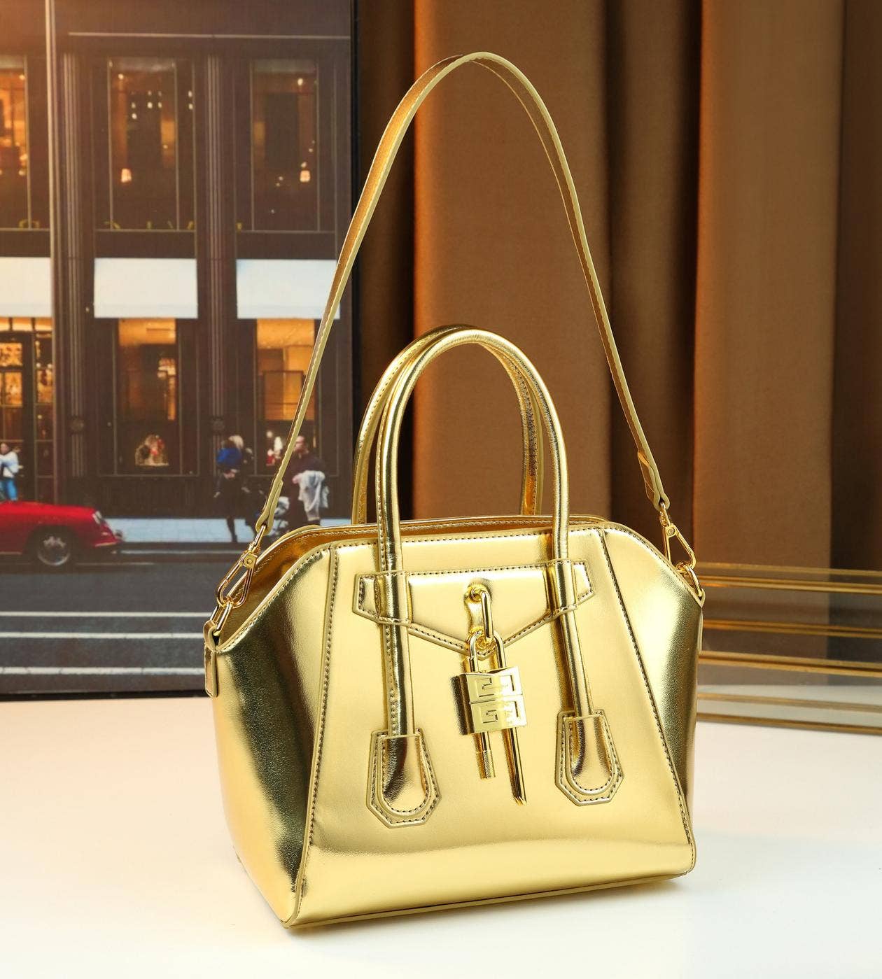 Lock Detail Cow Print Handbag Boston bag with 2 straps