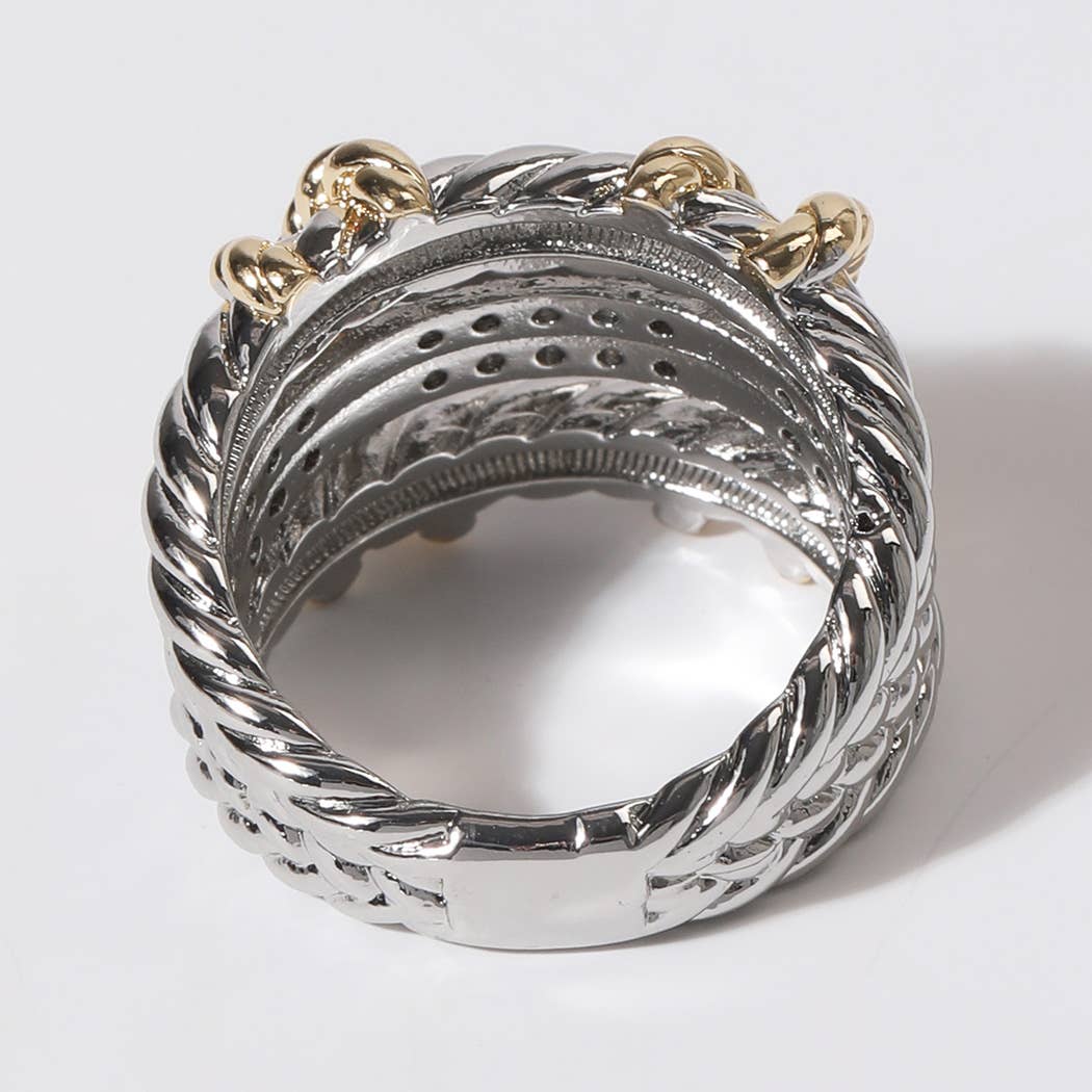 CZ Rope Texture Multi Layered Gold Plated Ring
