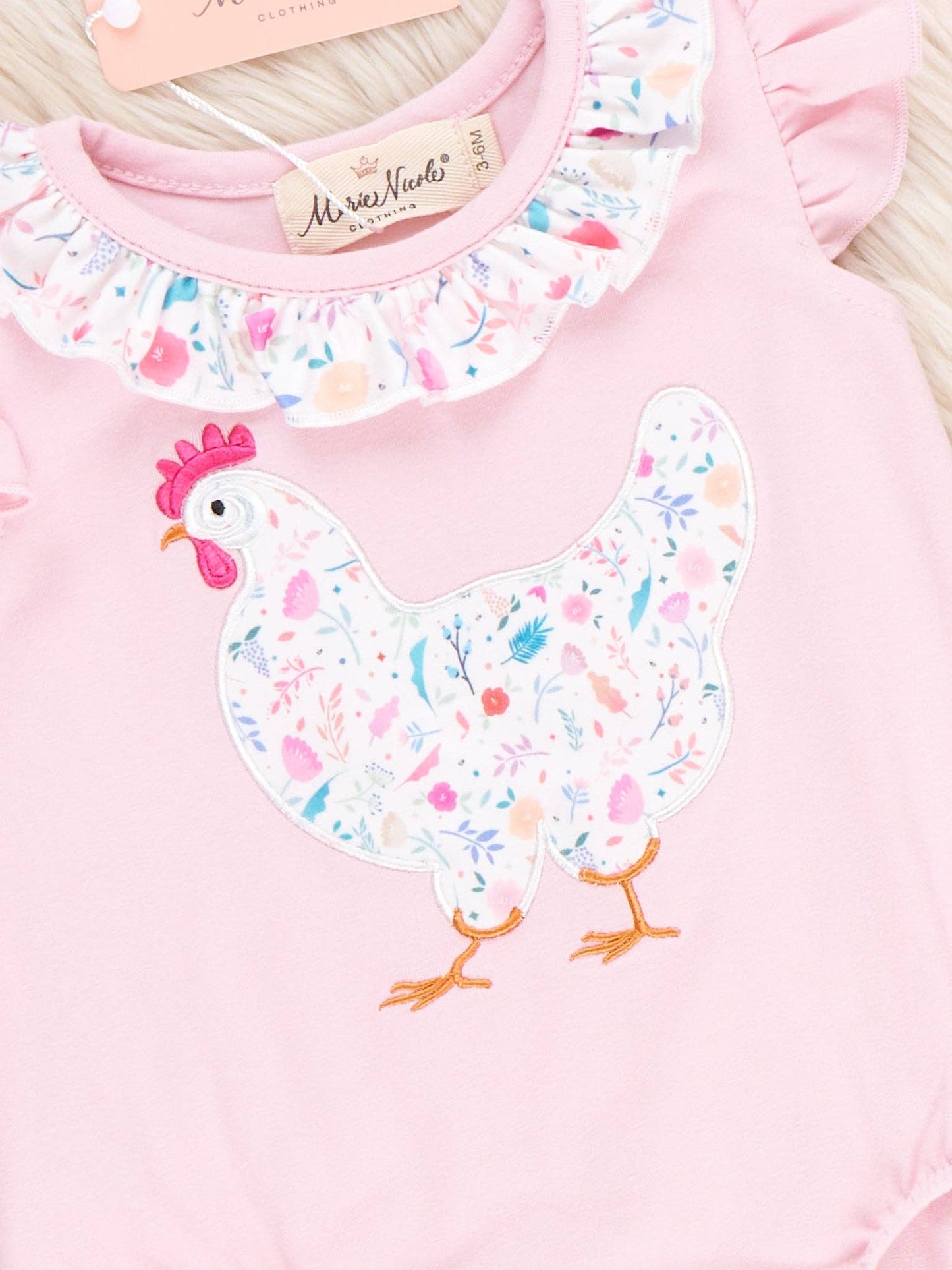 Country Chicken Blossoms Embroidered Ruffle Bubble Romper