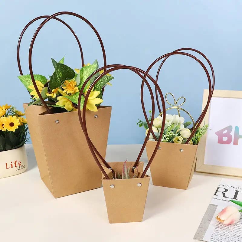 Trapezoid Kraft Paper Flower Bouquet Gift Bag w/ Handles