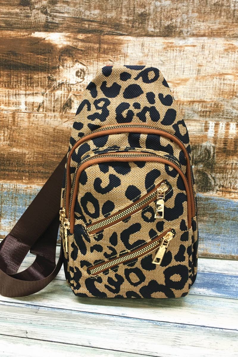 LEOPARD DOUBLE ZIPPER CROSSBODY SLING BAG PURSE