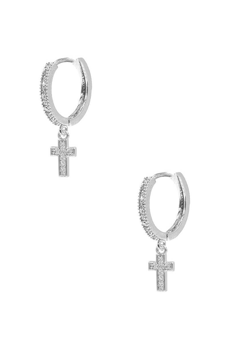CUBIC ZIRCONIA HUGGIE HOOP WITH CROSS EARRING, 27396