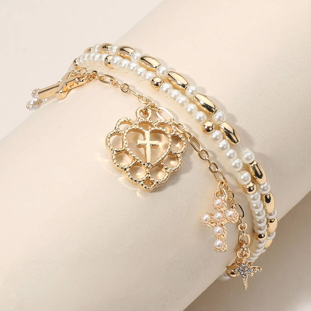 3PCS Cross Charm Pearl Bead Stretch Multi Layered Bracelets