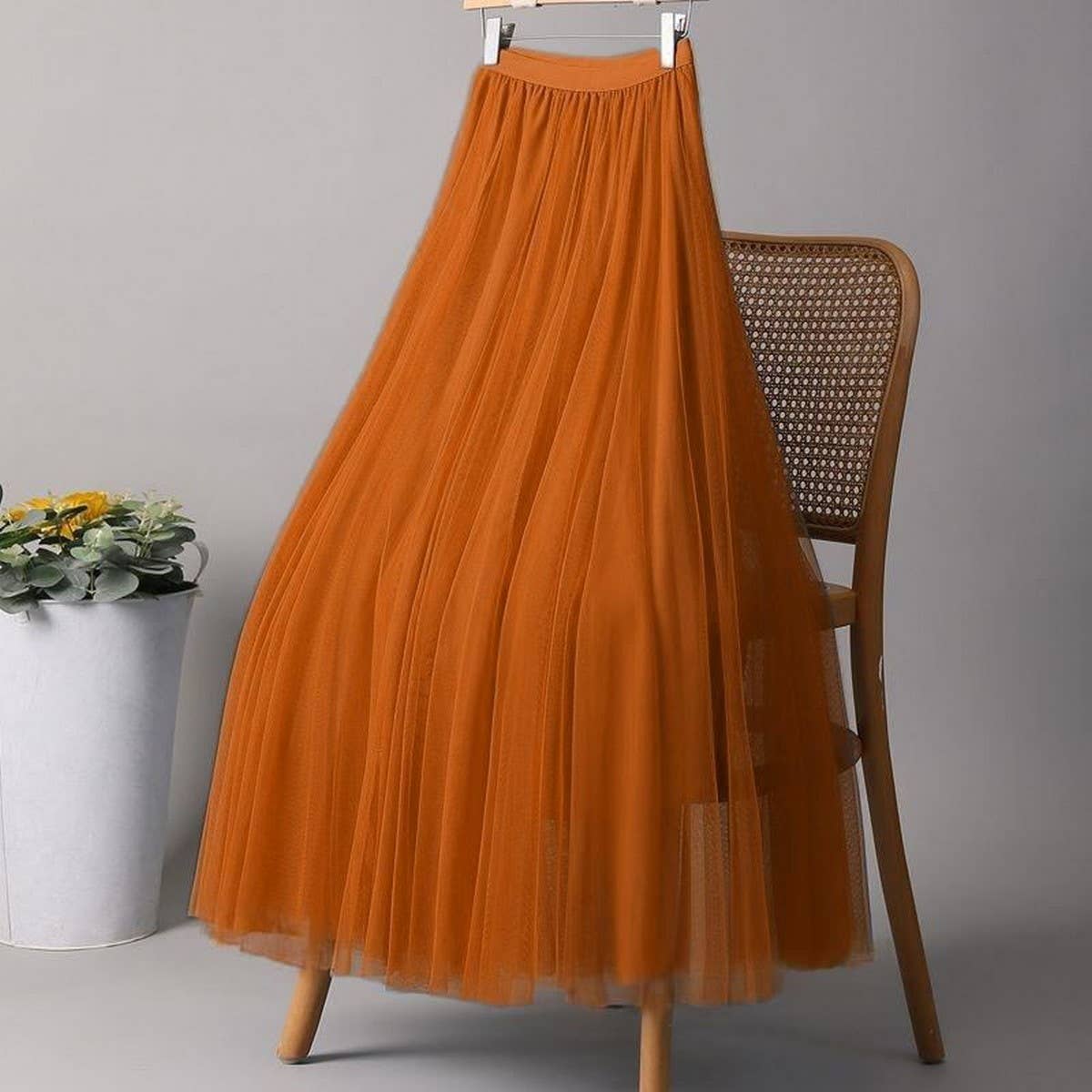 SOLID COLOR ELASTIC-WAIST MESH TULLE A-LINE SKIRT_CWBLS0372