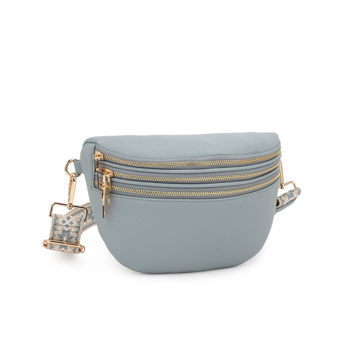 TINA TRIPLE ZIPPERED SLING BAG WITH PRINTED STRAP