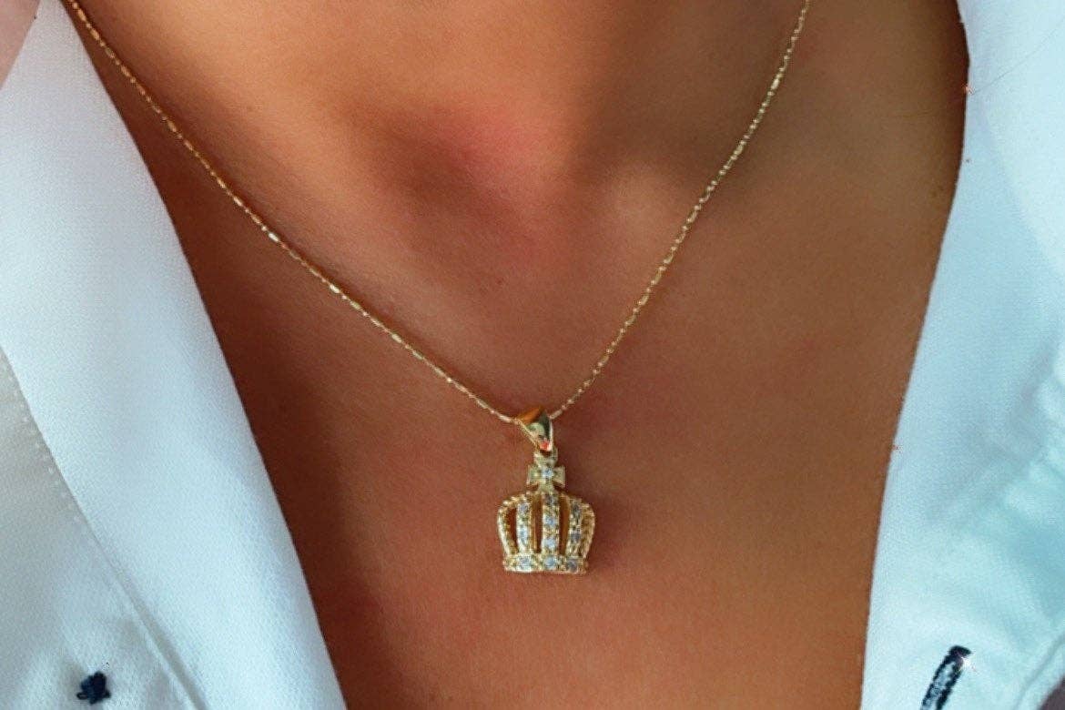 18k Gold Filled Dainty King's Crown Charm In Micro Pave