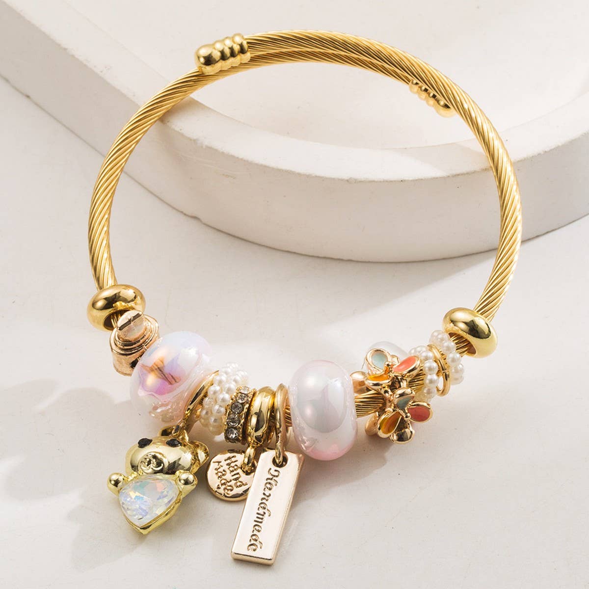 Adjustable Stainless Steel Cat Rhinestone Bracelet_CWMM8576