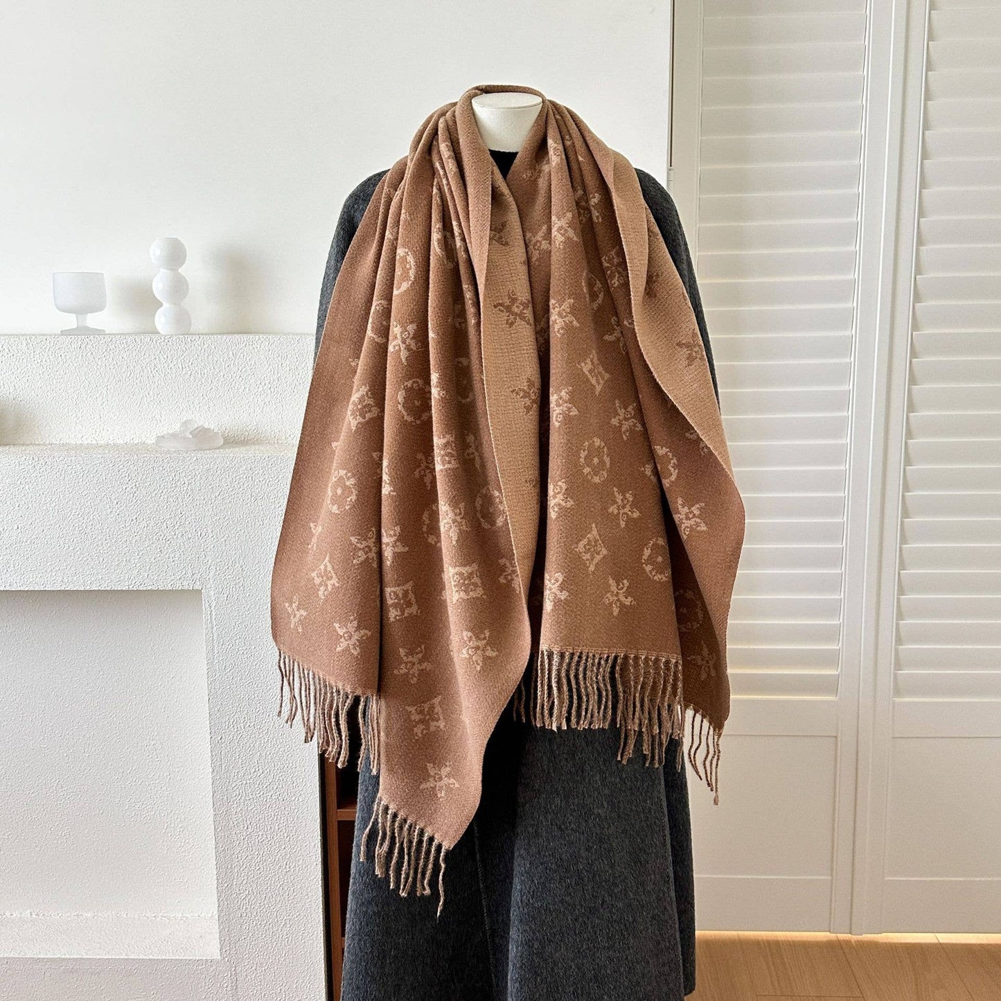 British-Style Geometric Reversible Jacquard Fringe Scarf