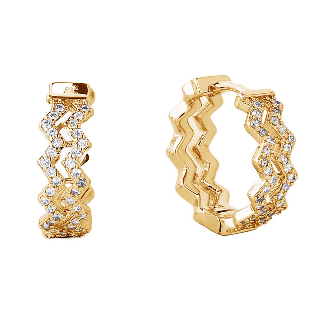 14K Gold-Dipped CZ Zig Zag Hoop Huggie Earring