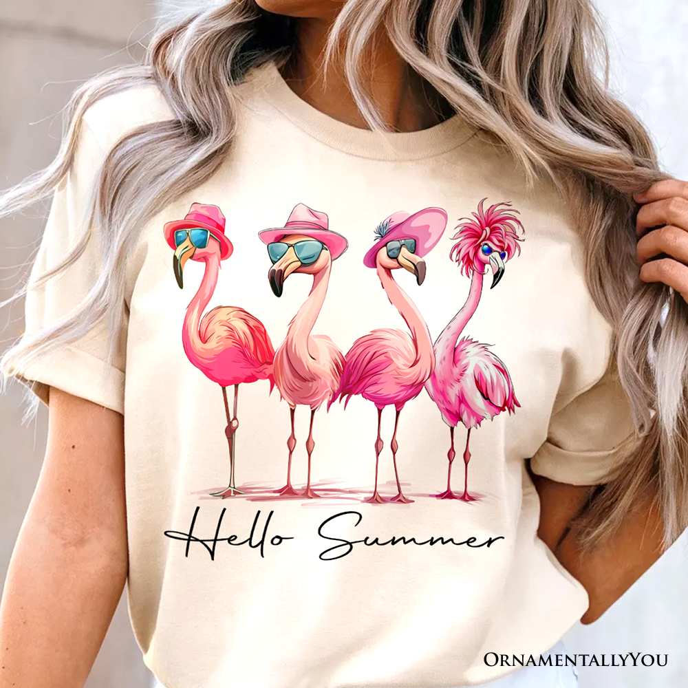 Flamingo Hello Summer T-Shirt, Retro Tee with Tropical Birds