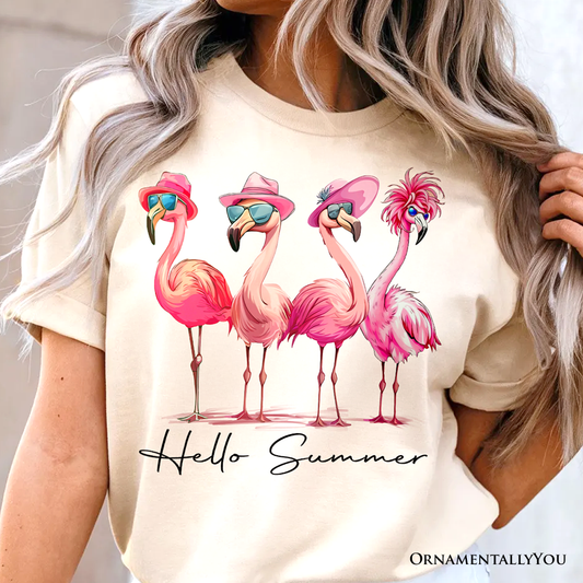 Flamingo Hello Summer T-Shirt, Retro Tee with Tropical Birds