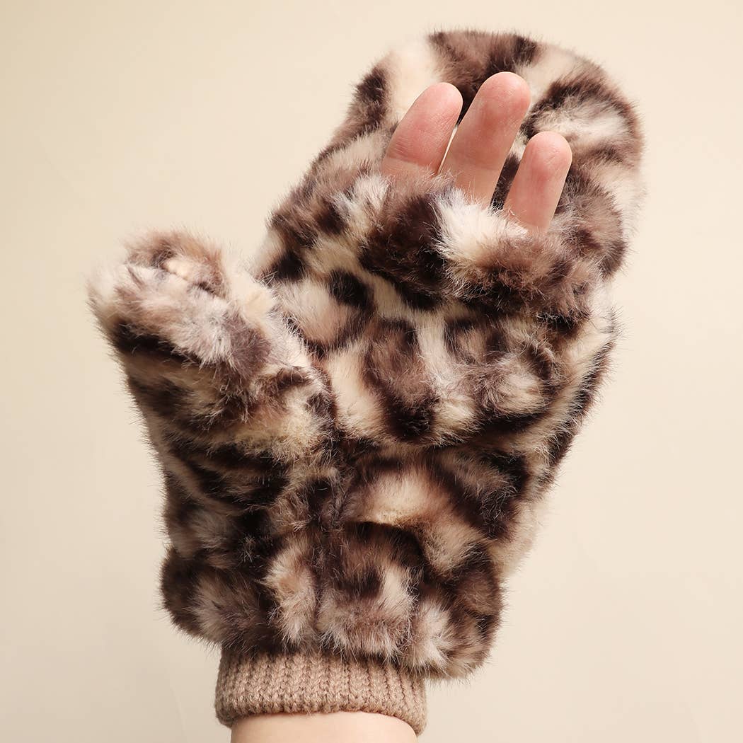 Women's Leopard Faux Fur Convertible Mitten Gloves