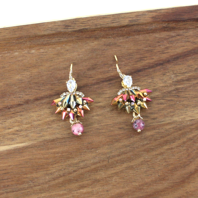 E25493 Rhinestone Adorned Beaded Chandlier Dangle Earrings