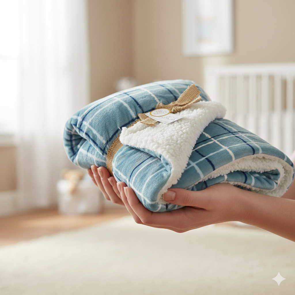 30" x 40" Blue Plaid Sherpa Baby Blanket with Hanger