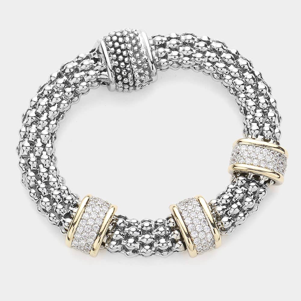 14K Gold Plated CZ Paved Triple Bar Mesh Mangetic Bracelet