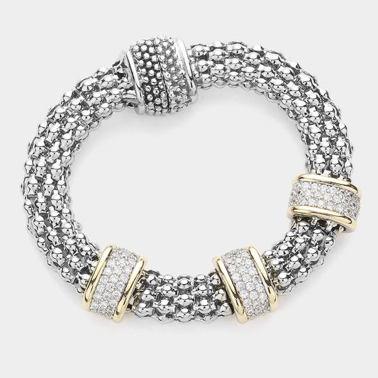 14K Gold Plated CZ Paved Triple Bar Mesh Mangetic Bracelet