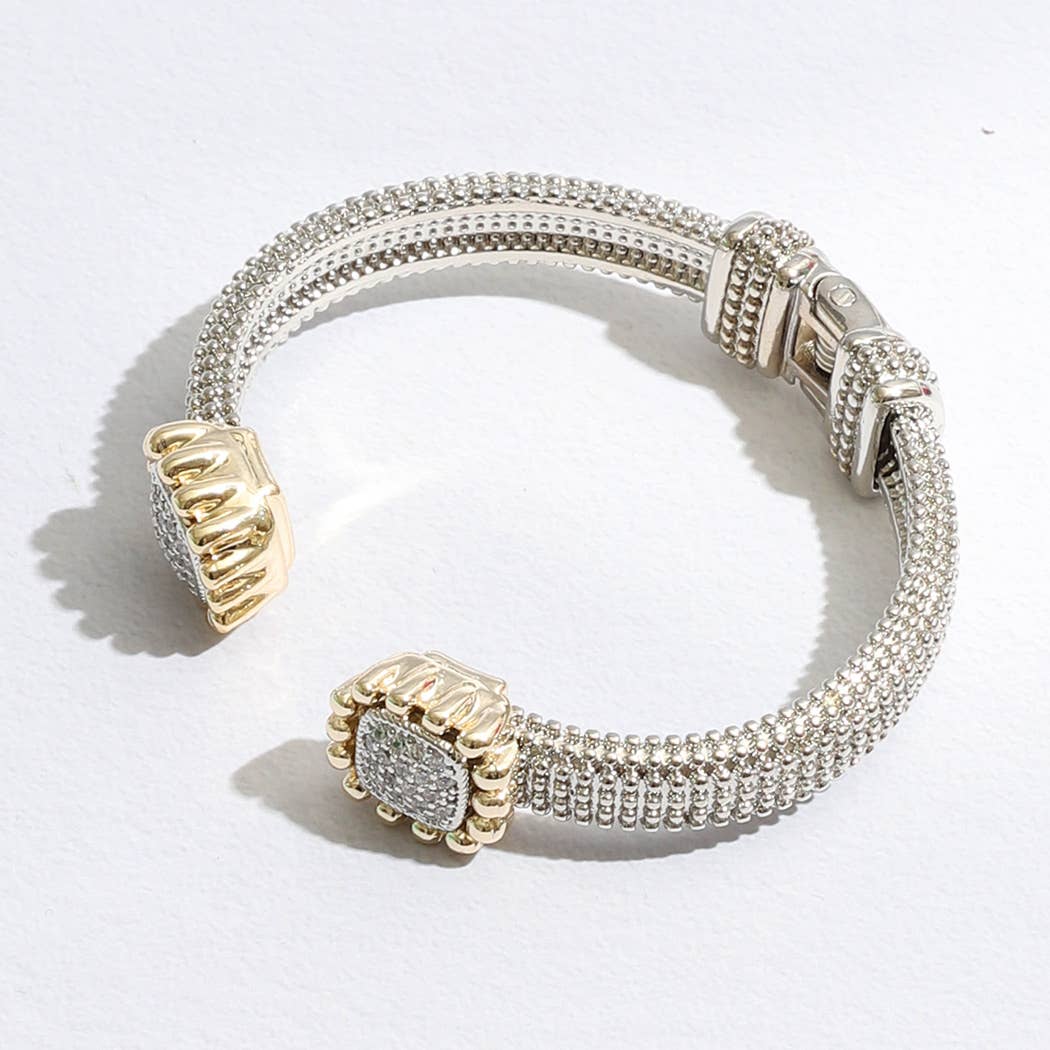 Two Tone Square Pave CZ Edge Cuff Bangle Bracelet