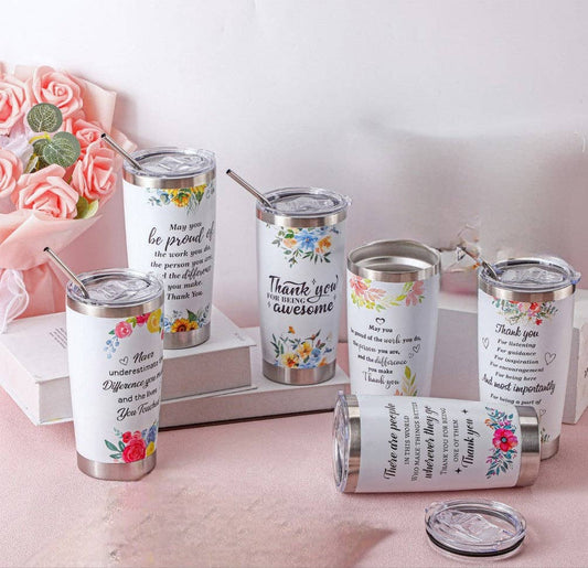 20oz Floral Tumbler with Stainless Steel Lid & Straw