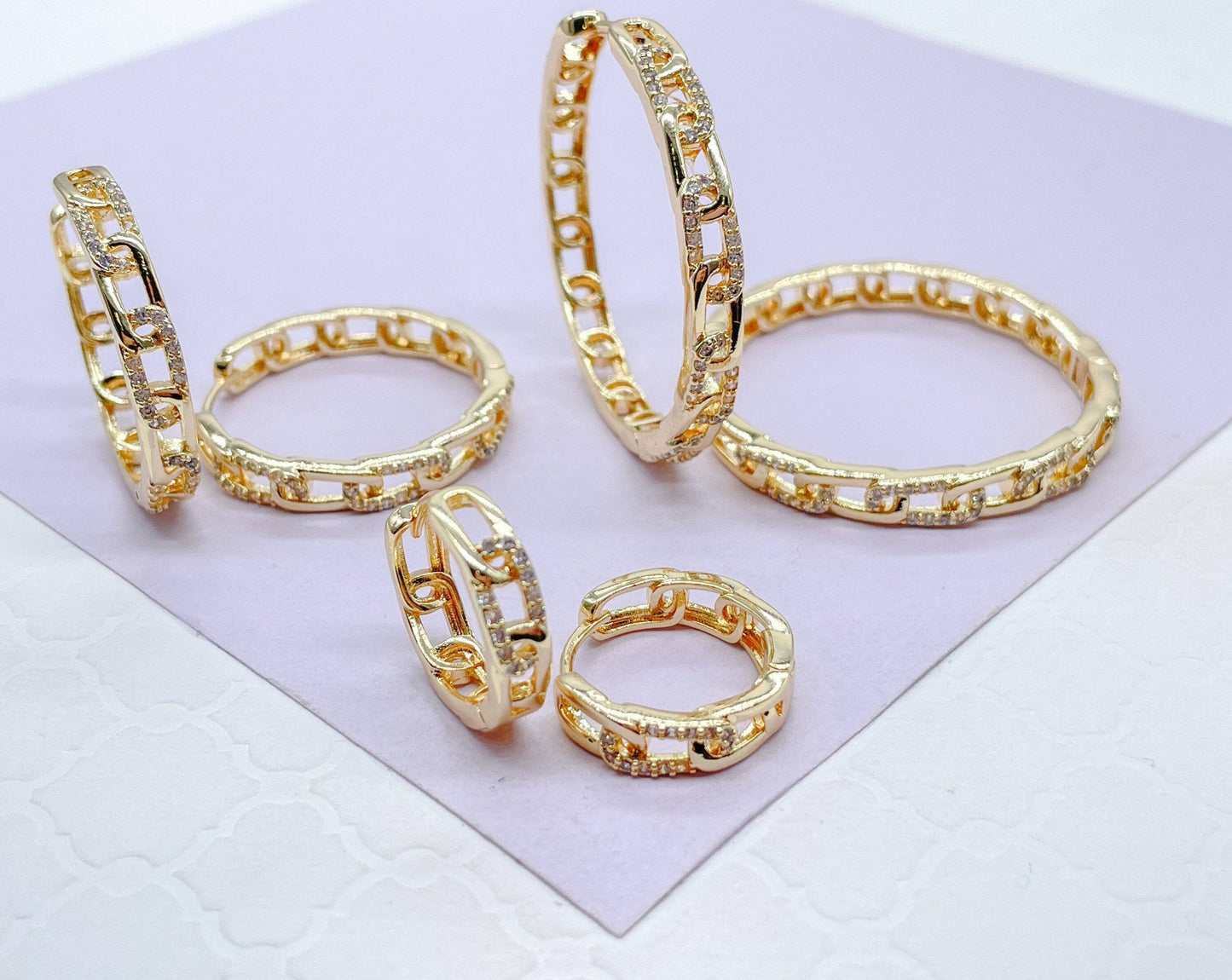 18k Gold Filled Slim Link Hoops Patterned With CZ Stones