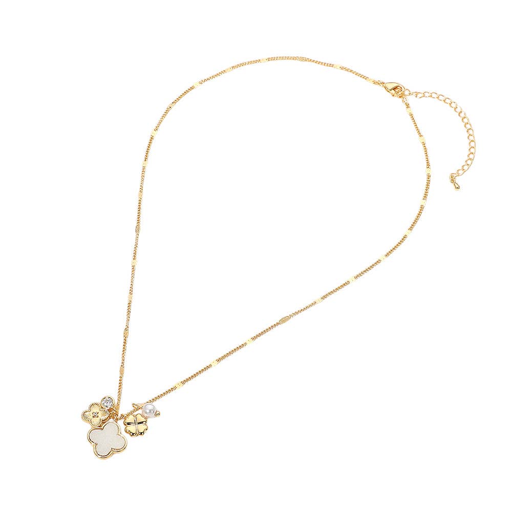 18K Gold Dipped Mother of Pearl Quatrefoil Floral Pearl Charm Necklace