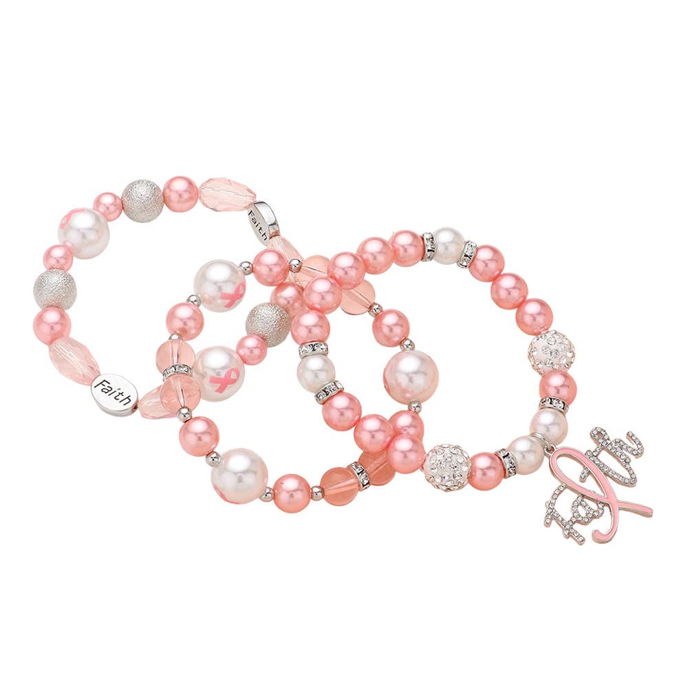 3PCS - Paved Pink Ribbon FAITH Charm Shamballa Bracelets