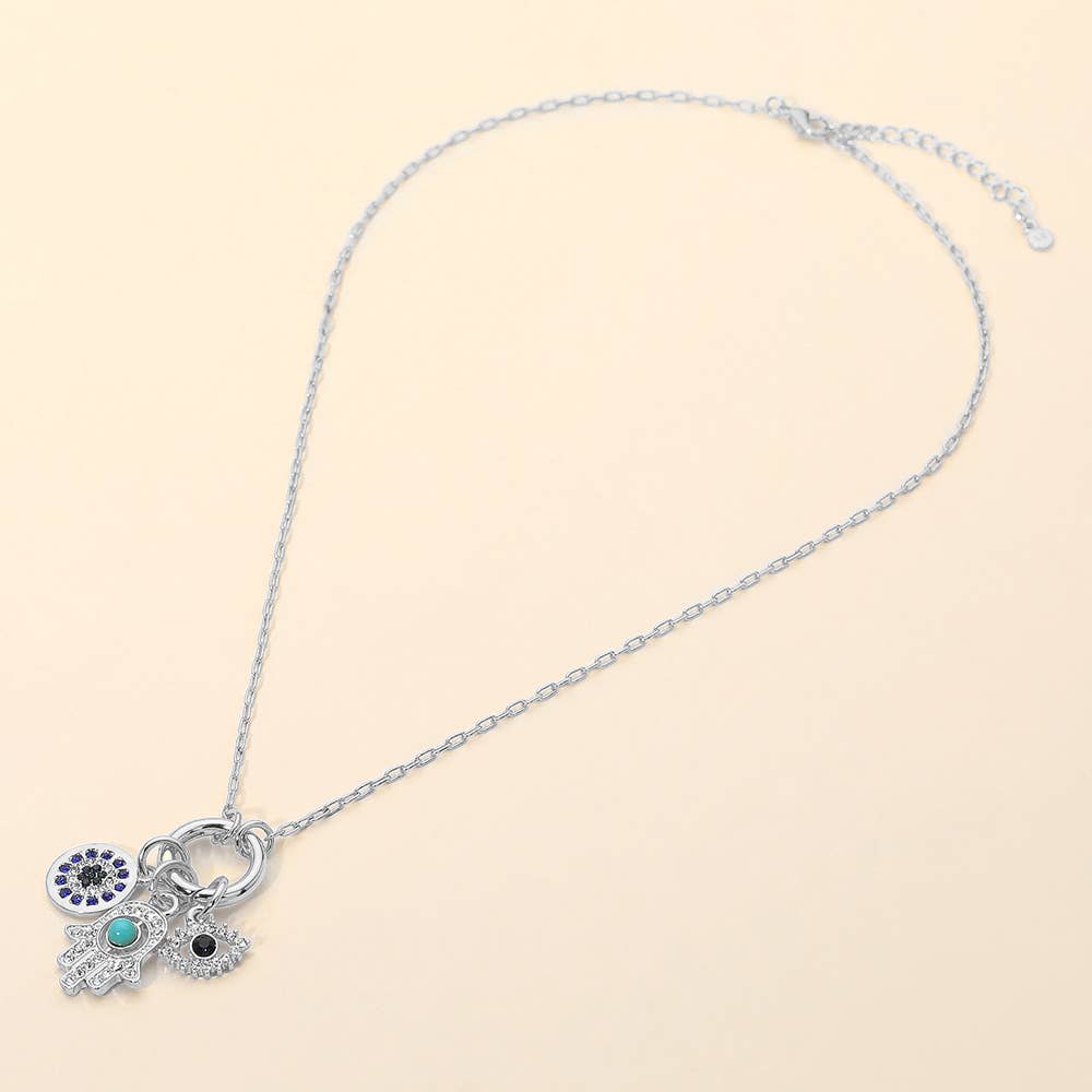 SECRET BOX_Hamsa Hand Evil Eye Round Charm Pendant Necklace