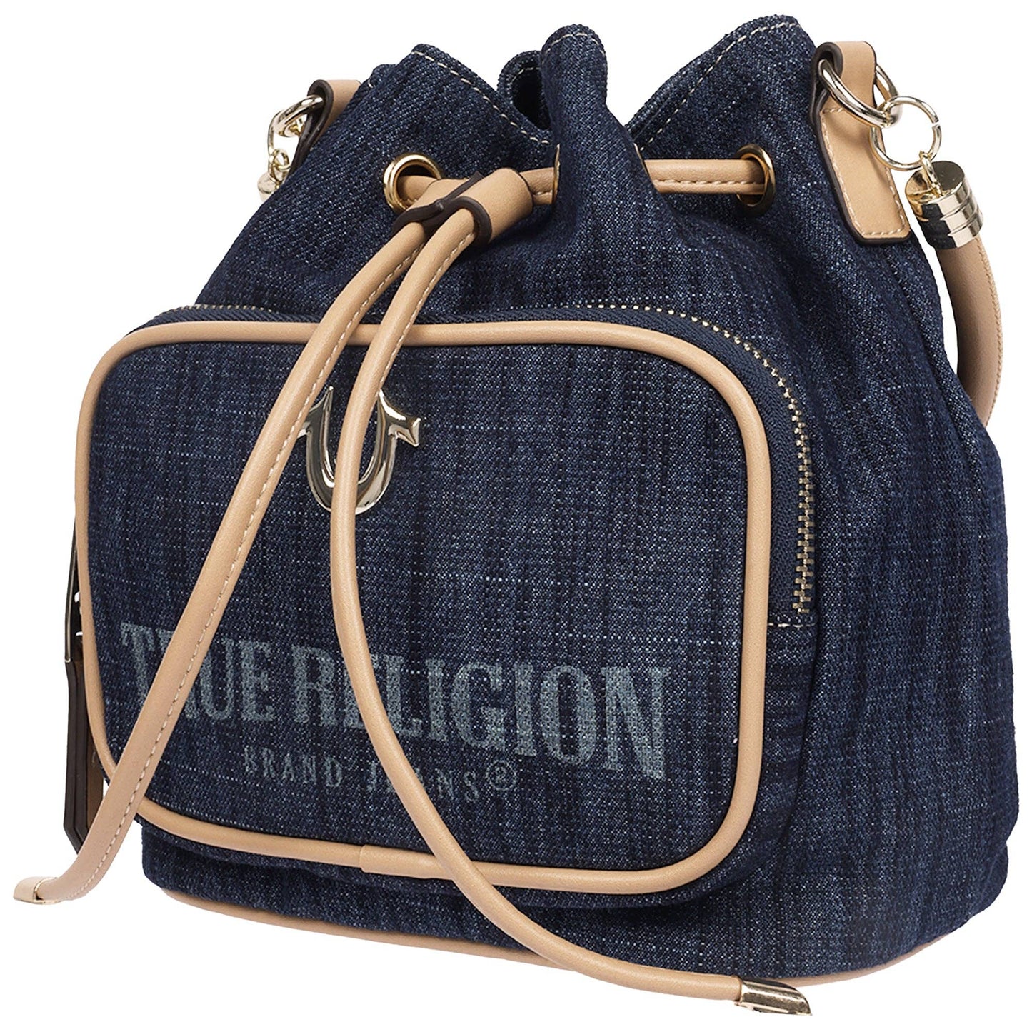 True Religion Bryce Denim & PU Bucket Bag – Women’s Designer Drawstring Bucket Handbag with Crossbody Strap (Dark Denim)