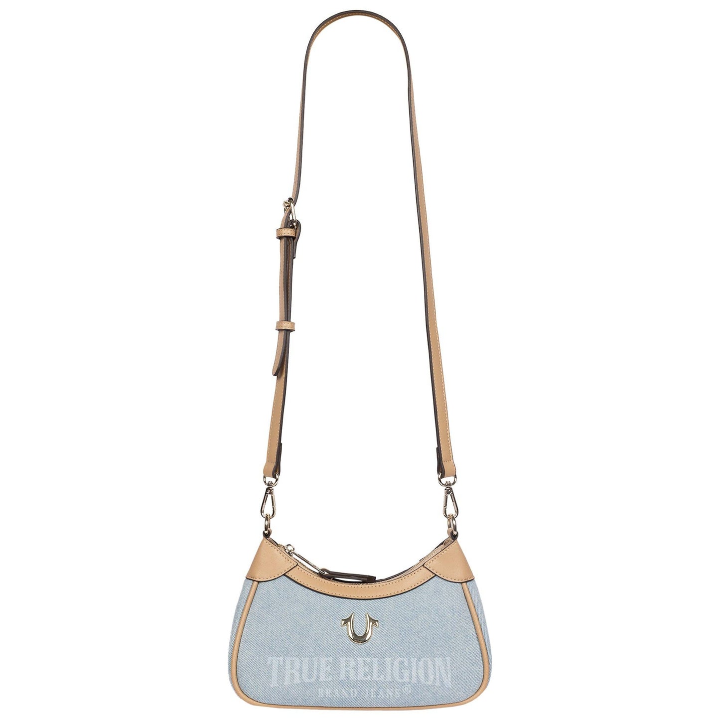 True Religion Blair Denim & PU Shoulder Bag – Logo Denim Mini Shoulder Bag with Detachable Strap (Denim)