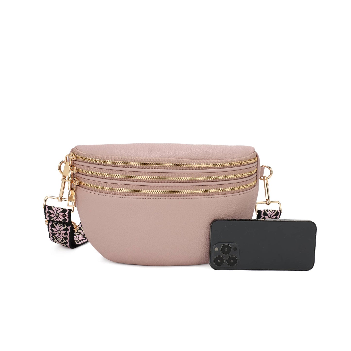 TINA TRIPLE ZIPPERED SLING BAG WITH PRINTED STRAP