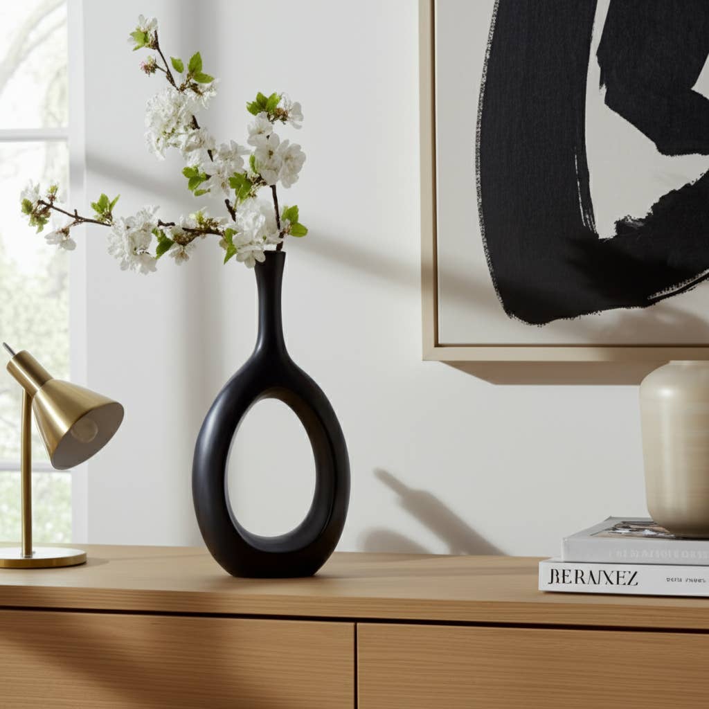 Ceramic Round Curved Open Cut-Out Vase - Black, 12 in.
