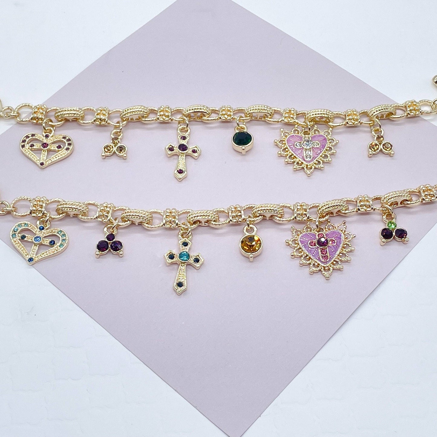 18k Gold Filled Protection Bracelet Featuring Enamel Charms,