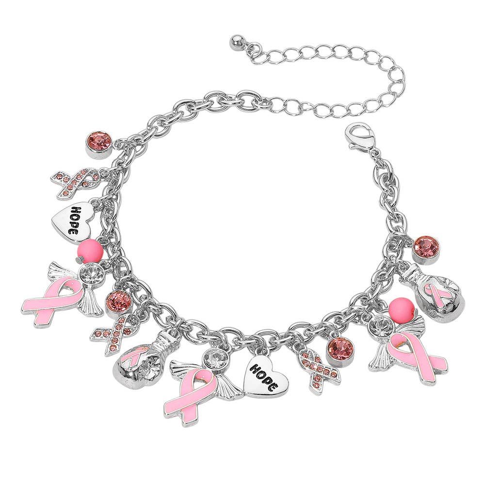 Awareness Pink Ribbon Inspirational Heart Message Charm Station Bracelet